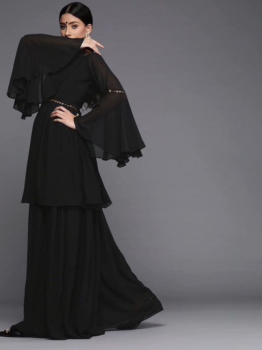 Black Georgette Solid Palazzo Suit - inddus-us