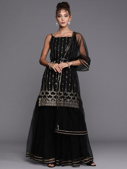 Black Gold Embroidered Kurta with Layered Sharara and Net Dupatta - Inddus.com