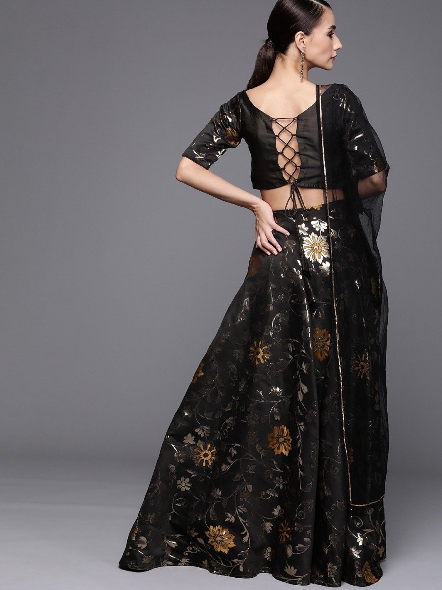 Black Gold Floral Woven Semistitched Lehenga with Blouse and Net Dupatta - inddus-us