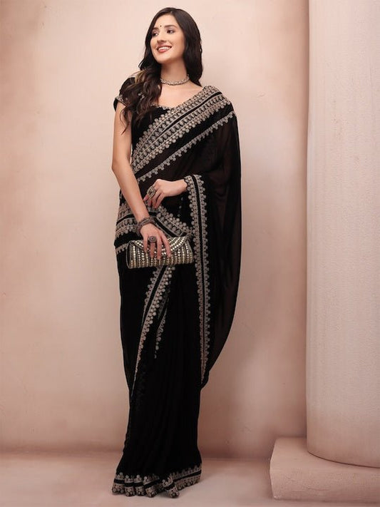 Black & Gold-Toned Embellished Embroidered Poly Georgette Saree - Inddus.com