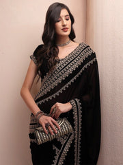 Black & Gold-Toned Embellished Embroidered Poly Georgette Saree - Inddus.com