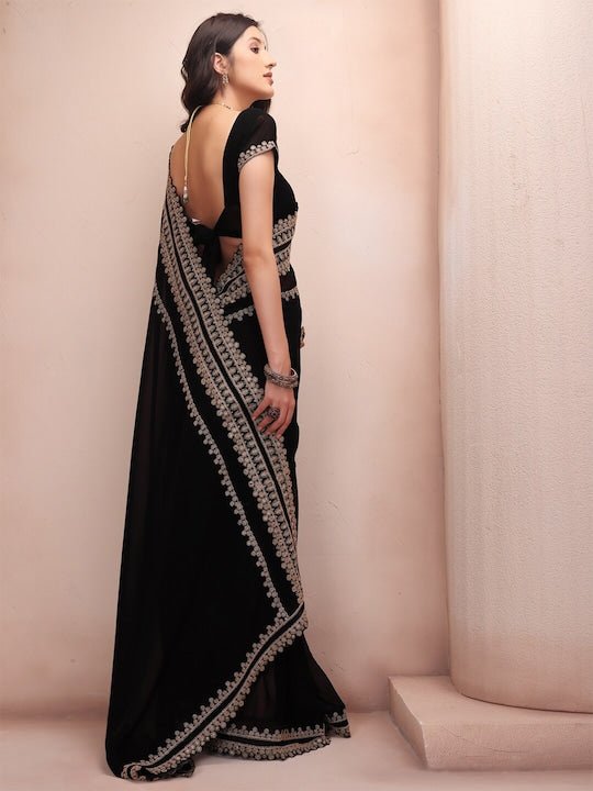 Black & Gold-Toned Embellished Embroidered Poly Georgette Saree - Inddus.com