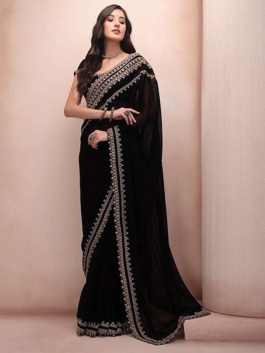 Black & Gold-Toned Embellished Embroidered Poly Georgette Saree - Inddus.com