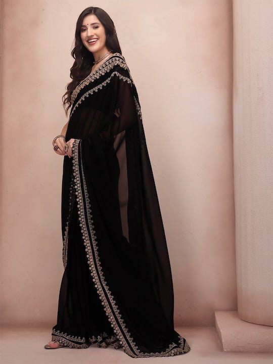 Black & Gold-Toned Embellished Embroidered Poly Georgette Saree - Inddus.com