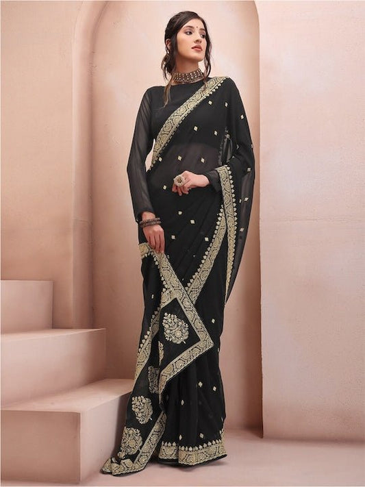 Black & Gold-Toned Floral Embroidered Poly Georgette Saree - Inddus.com