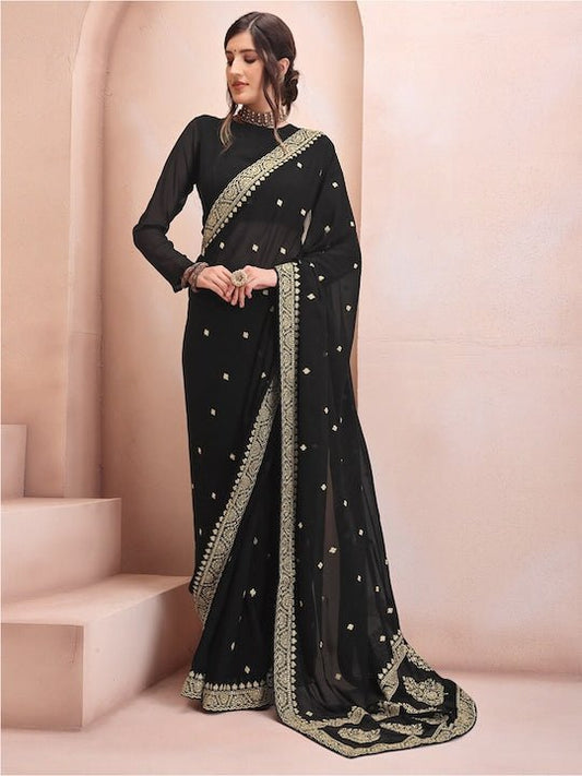 Black & Gold-Toned Floral Embroidered Poly Georgette Saree - Inddus.com