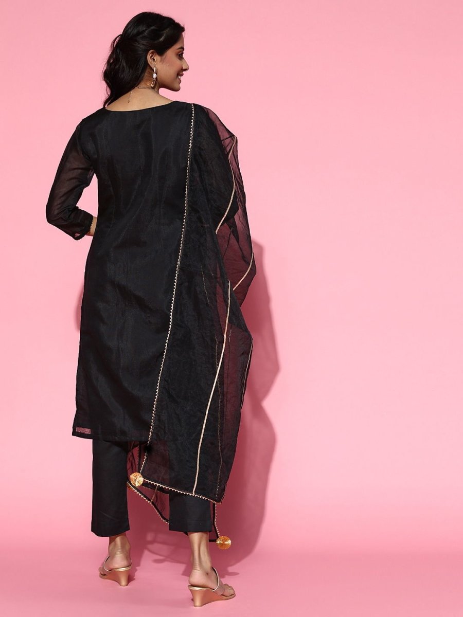 Black Gotta Detail Kurta with Pants and Organza Dupatta - Inddus.com