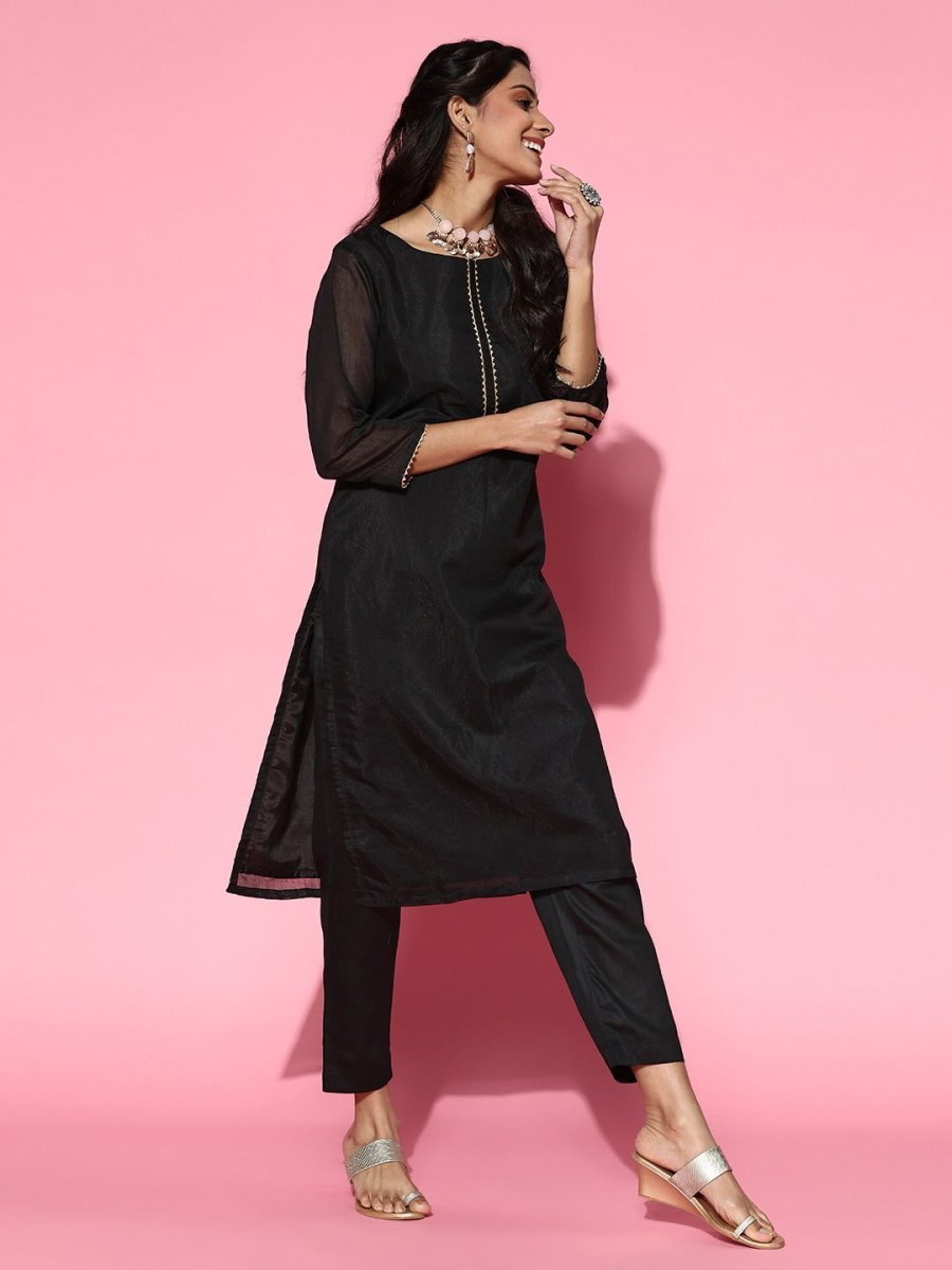 Black Gotta Detail Kurta with Pants and Organza Dupatta - Inddus.com