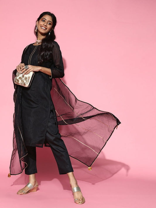 Black Gotta Detail Kurta with Pants and Organza Dupatta - Inddus.com