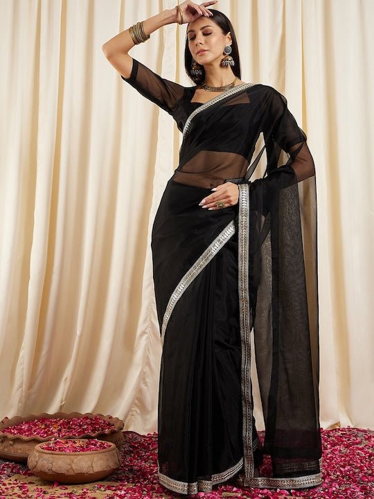 Black Gotta Patti Organza Saree - Inddus.com