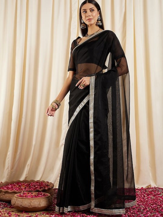 Black Gotta Patti Organza Saree - Inddus.com