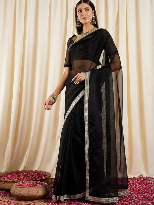 Black Gotta Patti Organza Saree - Inddus.com