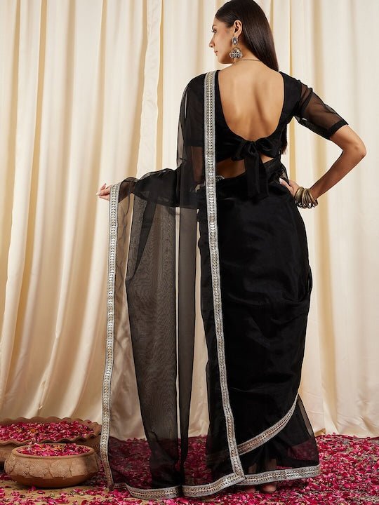 Black Gotta Patti Organza Saree - Inddus.com