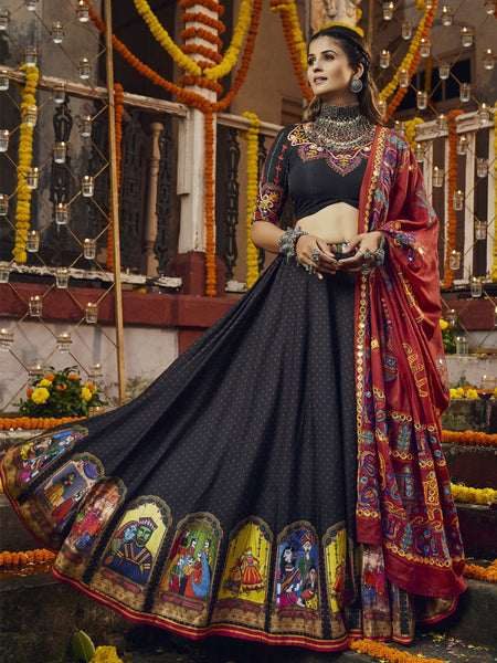 Viscose Rayon Fabric Embroidered Designer Navratri Special Lehenga Choli In  Black Color