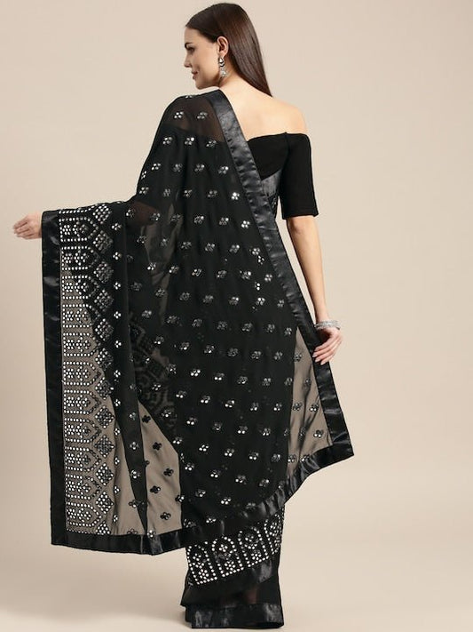 Black Mirrorwork Embellished Saree - Inddus.com