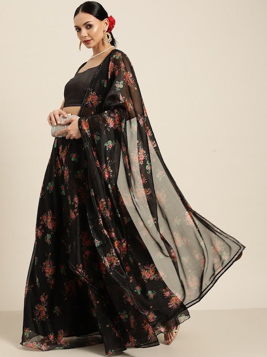 Black & Multicoloured Semi-Stitched Lehenga & Unstitched Blouse With Dupatta - Inddus.com