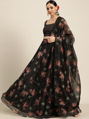 Black & Multicoloured Semi-Stitched Lehenga & Unstitched Blouse With Dupatta - Inddus.com