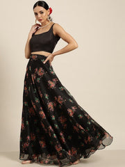 Black & Multicoloured Semi-Stitched Lehenga & Unstitched Blouse With Dupatta - Inddus.com