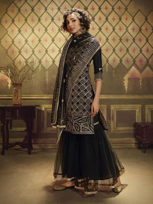 Black Net Embroidered Partywear Sharara Suit - inddus-us