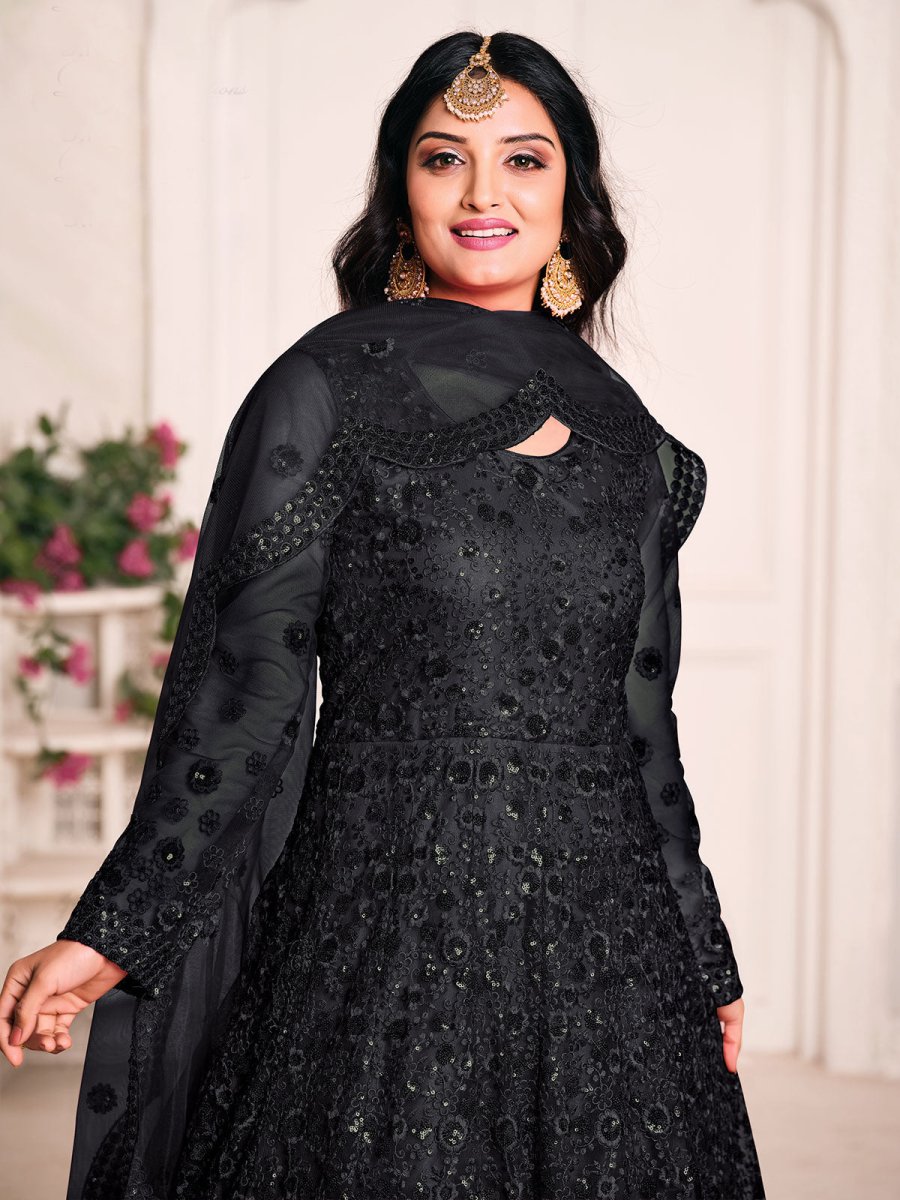 Black Net Festive Wear Anarkali Suit - Inddus.com