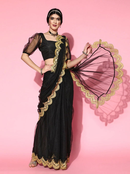 Black Net Saree with Blouse Piece - Inddus.com