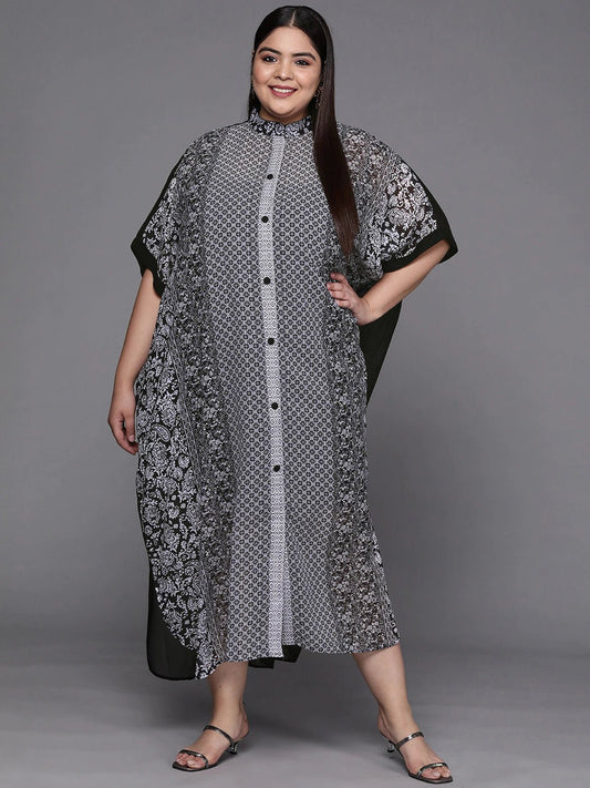 Black & Off White Printed Georgette Kaftan Maxi Dress - Inddus.com