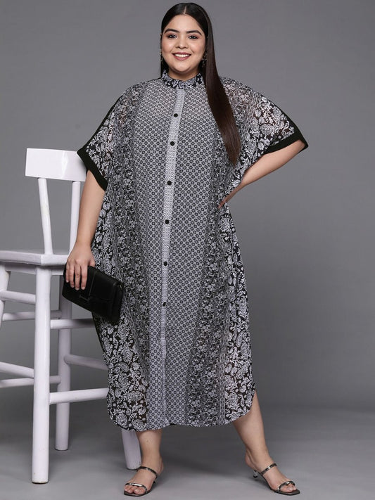 Black & Off White Printed Georgette Kaftan Maxi Dress - Inddus.com