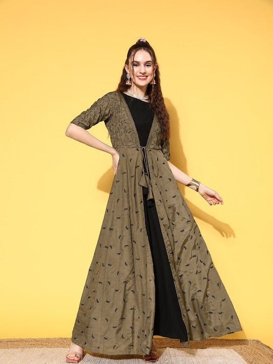 Black & Olive Green Embroidered Maxi Dress With Embroidered Jacket - Inddus.com