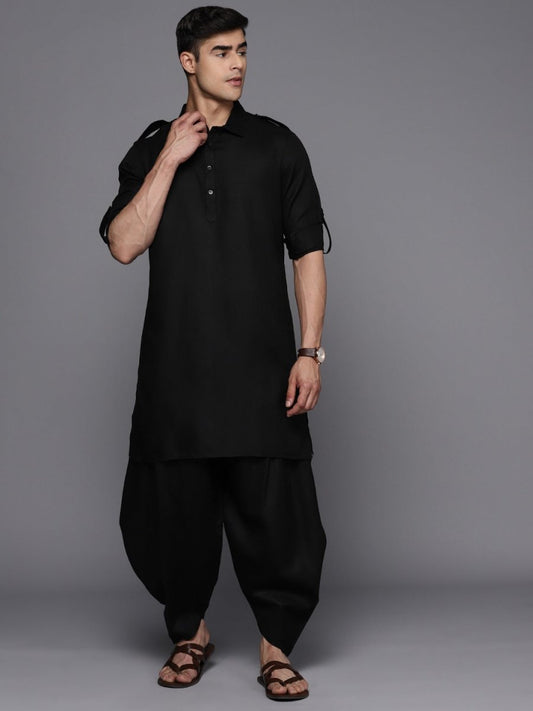 Black Pathani Linen Blend Kurta with Dhoti Pants - Inddus.com