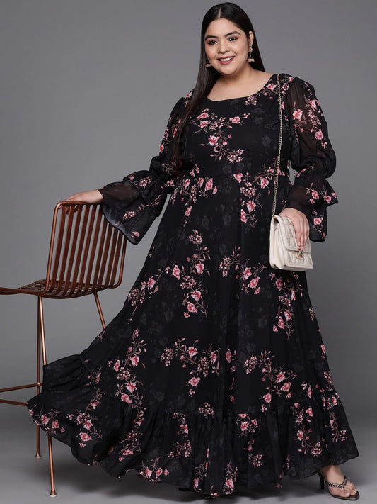 Black & Pink Floral Print Georgette Ethnic Maxi Dress - Inddus.com