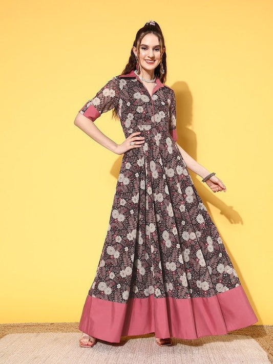 Black & Pink Floral Printed Georgette Maxi Dress - Inddus.com