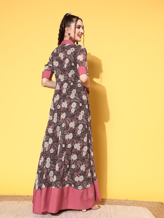 Black & Pink Floral Printed Georgette Maxi Dress - Inddus.com