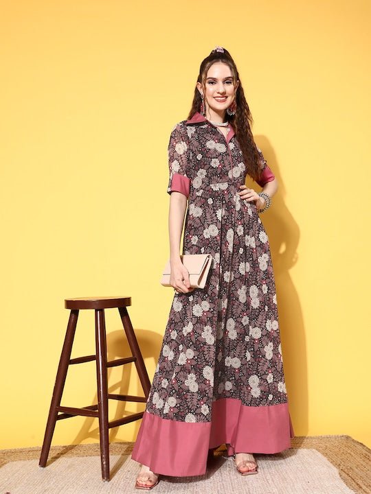 Black & Pink Floral Printed Georgette Maxi Dress - Inddus.com