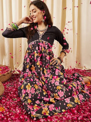 Black, Pink & Yellow Floral Printed V-Neck Gathered Detailed Pure Cotton Empire Midi Ethnic Dress - Inddus.com