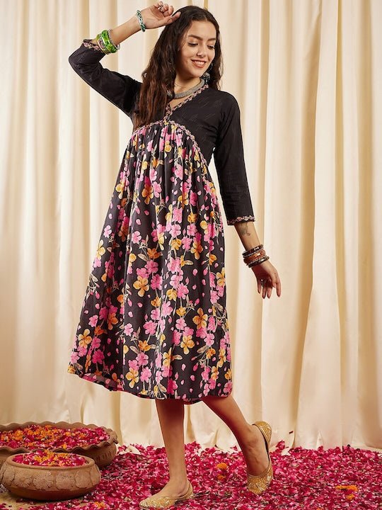 Black, Pink & Yellow Floral Printed V-Neck Gathered Detailed Pure Cotton Empire Midi Ethnic Dress - Inddus.com