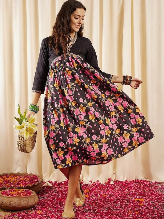 Black, Pink & Yellow Floral Printed V-Neck Gathered Detailed Pure Cotton Empire Midi Ethnic Dress - Inddus.com