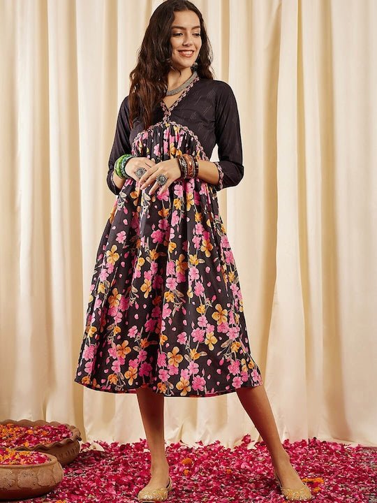 Black, Pink & Yellow Floral Printed V-Neck Gathered Detailed Pure Cotton Empire Midi Ethnic Dress - Inddus.com