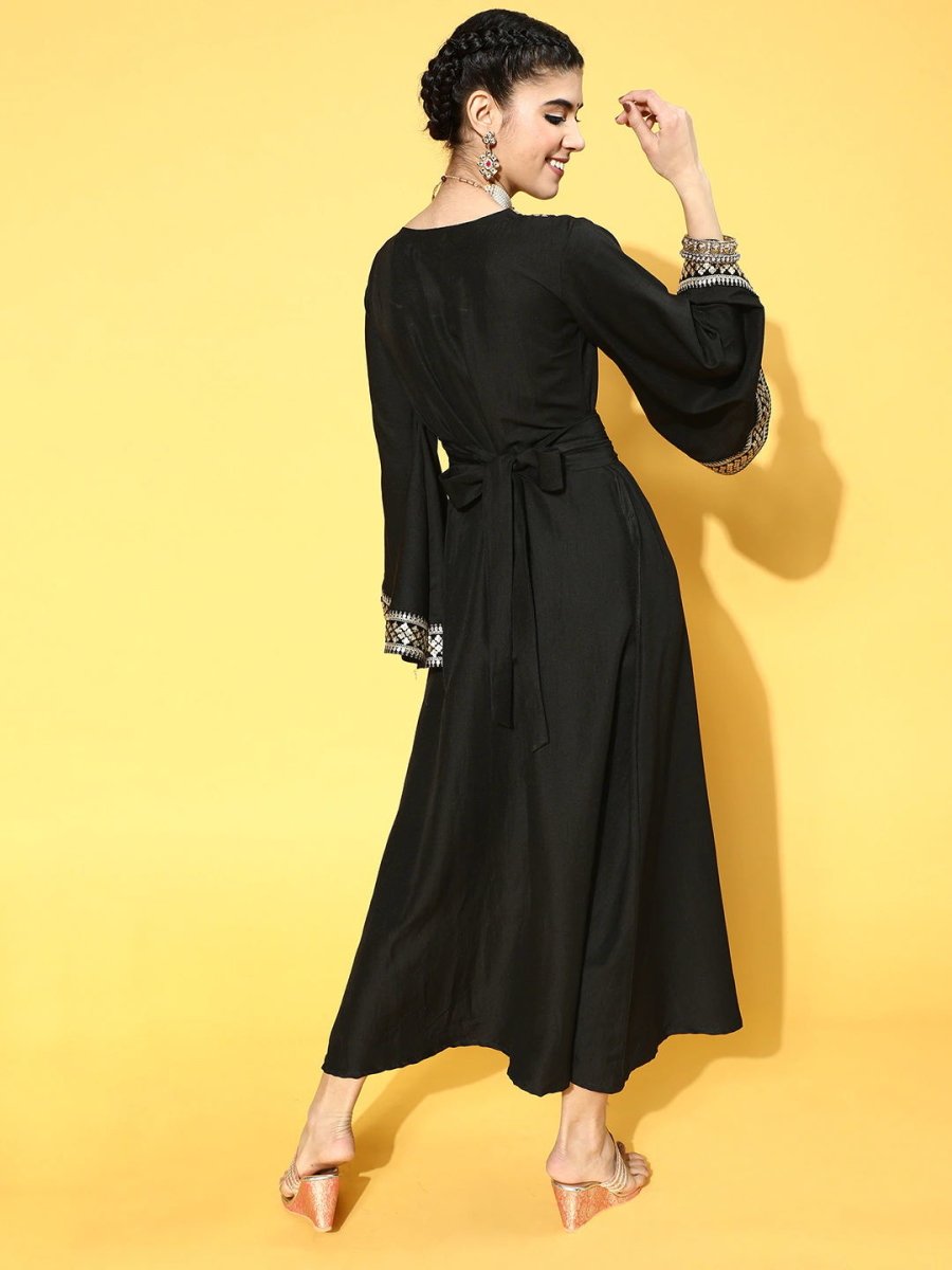 Black Poly Silk Partywear Ethnic Motifs Dresses - Inddus.com