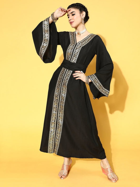 Black Poly Silk Partywear Ethnic Motifs Dresses - Inddus.com