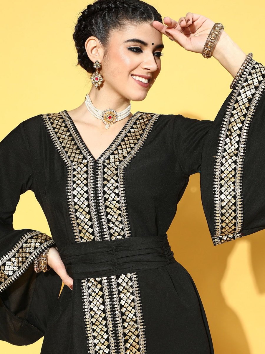 Black Poly Silk Partywear Ethnic Motifs Dresses - Inddus.com