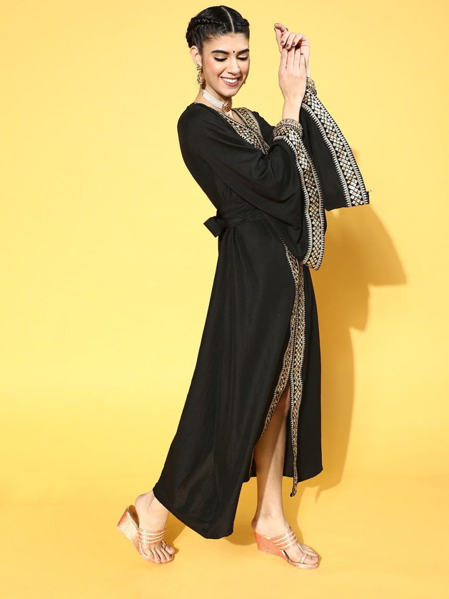 Black Poly Silk Partywear Ethnic Motifs Dresses - Inddus.com