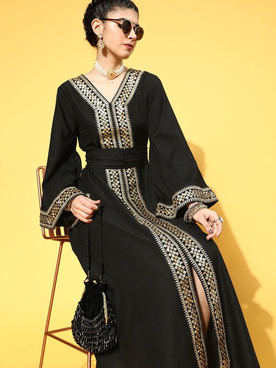 Black Poly Silk Partywear Ethnic Motifs Dresses - Inddus.com