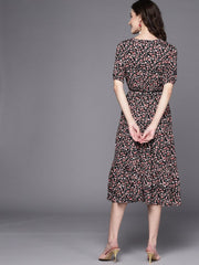 Black & Red Floral A-Line Midi Dress - Inddus.com