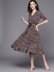 Black & Red Floral A-Line Midi Dress - Inddus.com