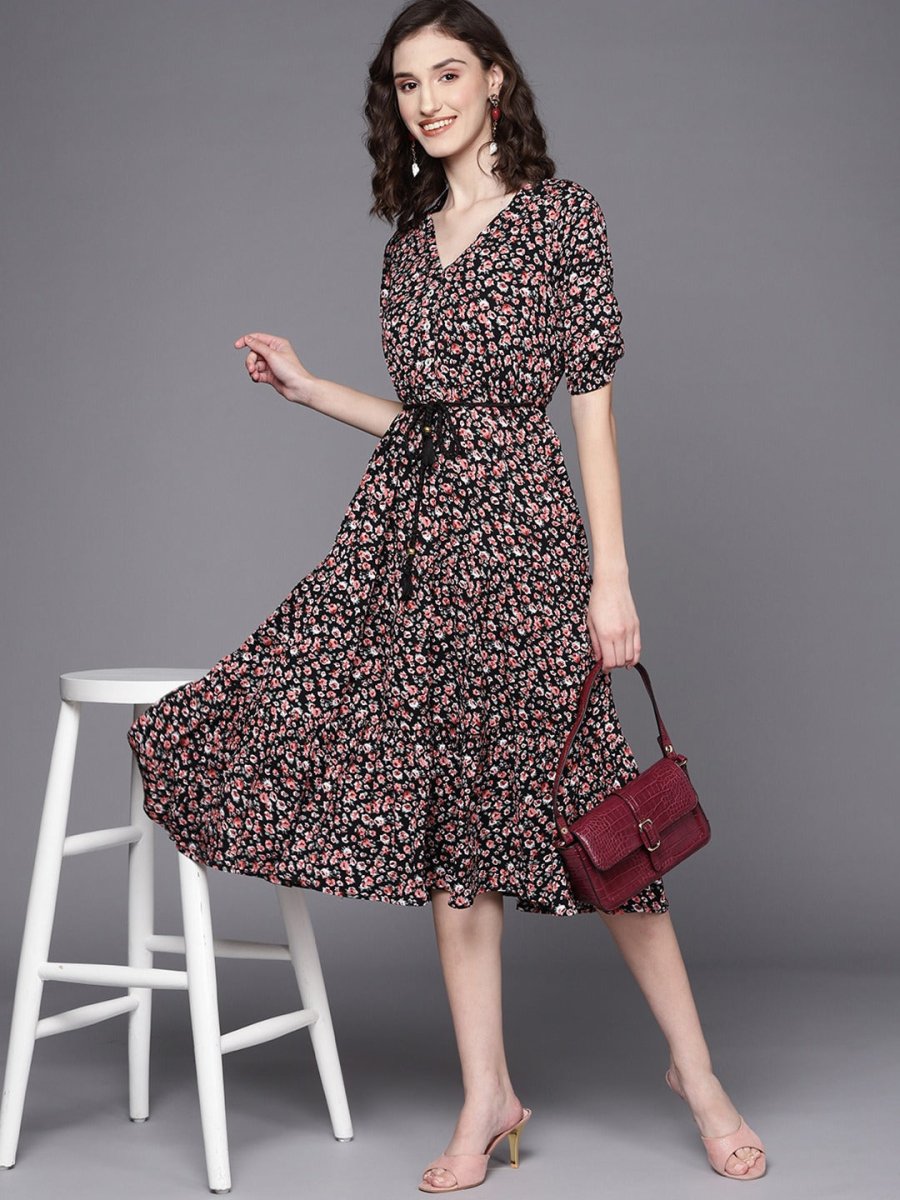 Black & Red Floral A-Line Midi Dress - Inddus.com