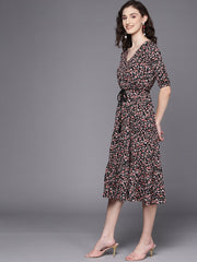 Black & Red Floral A-Line Midi Dress - Inddus.com