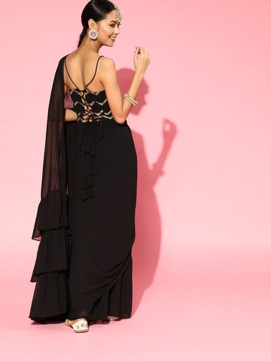 Black Ruffled Saree with Belt - inddus-us