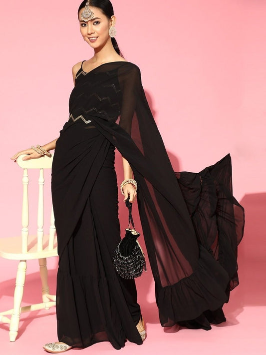 Black Ruffled Saree with Belt - inddus-us