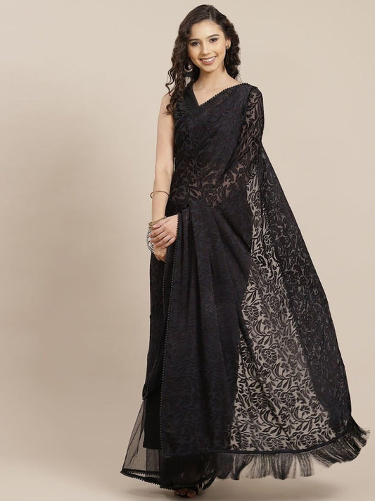 Black Self Design Half Brasso and Half Net Saree - inddus-us