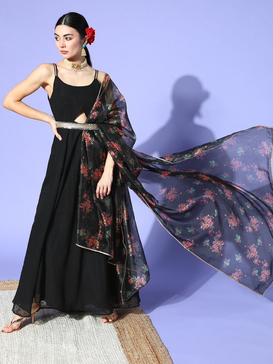 Black Self Design Kurta with Printed Dupatta & Belt - Inddus.com